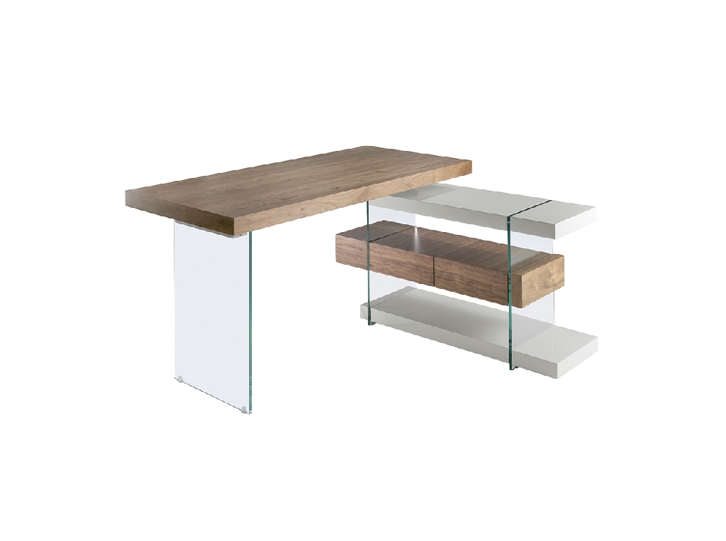 Walnut wood desk and tempered glass