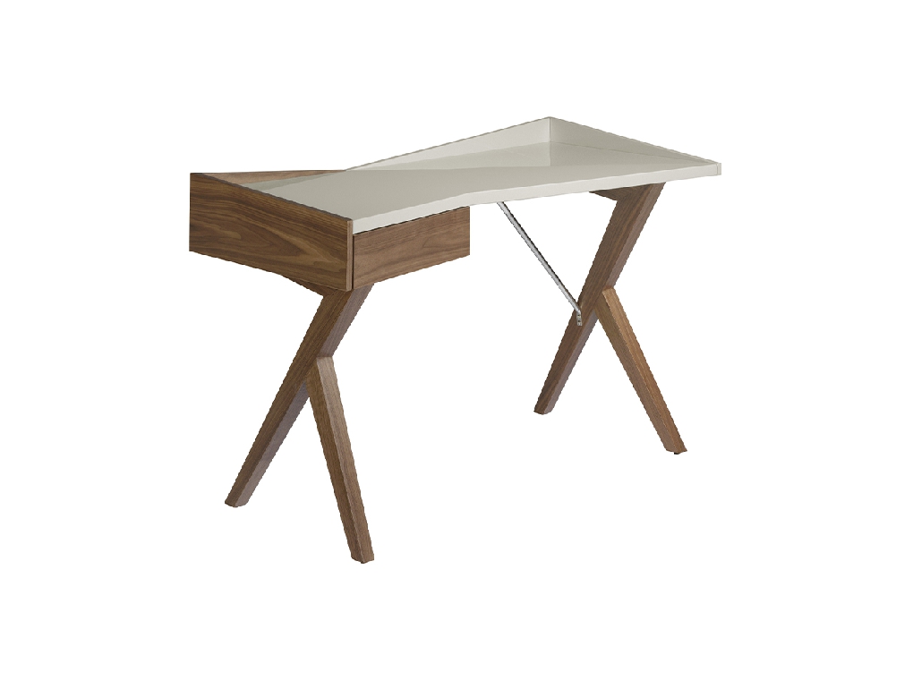 Bureau en bois de noyer et plateau laqué gris perle