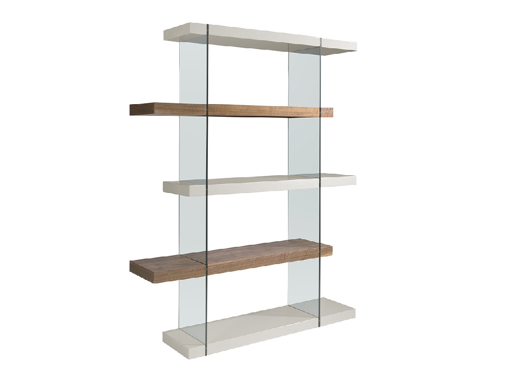 Tempered glass shelf with Walnut and Pearl Gray wood shelves