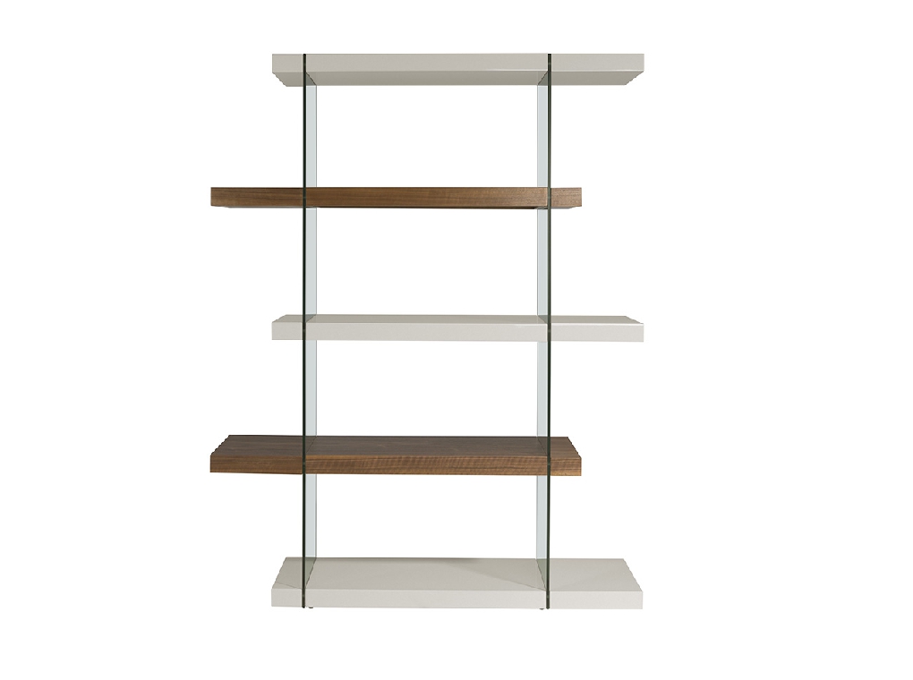 Tempered glass shelf with Walnut and Pearl Gray wood shelves