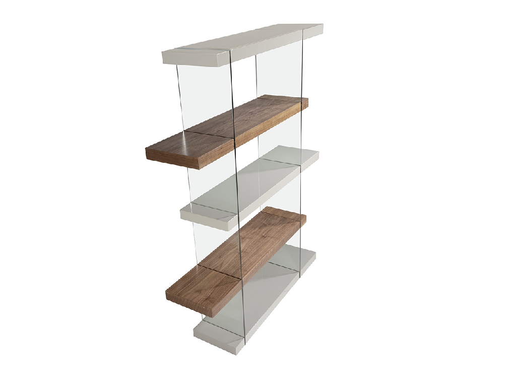 Tempered glass shelf with Walnut and Pearl Gray wood shelves