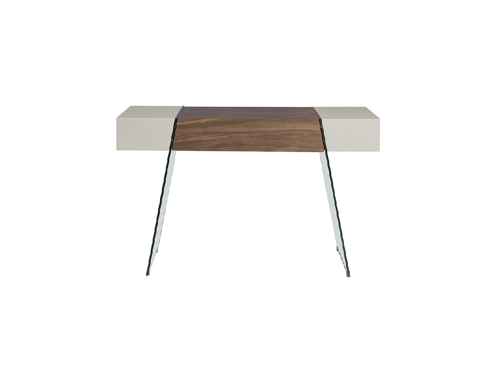 Walnut wood console and tempered glass