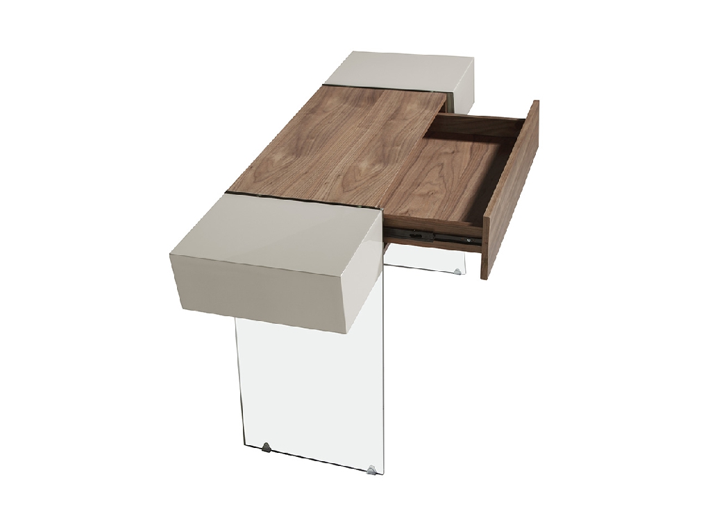 Walnut wood console and tempered glass