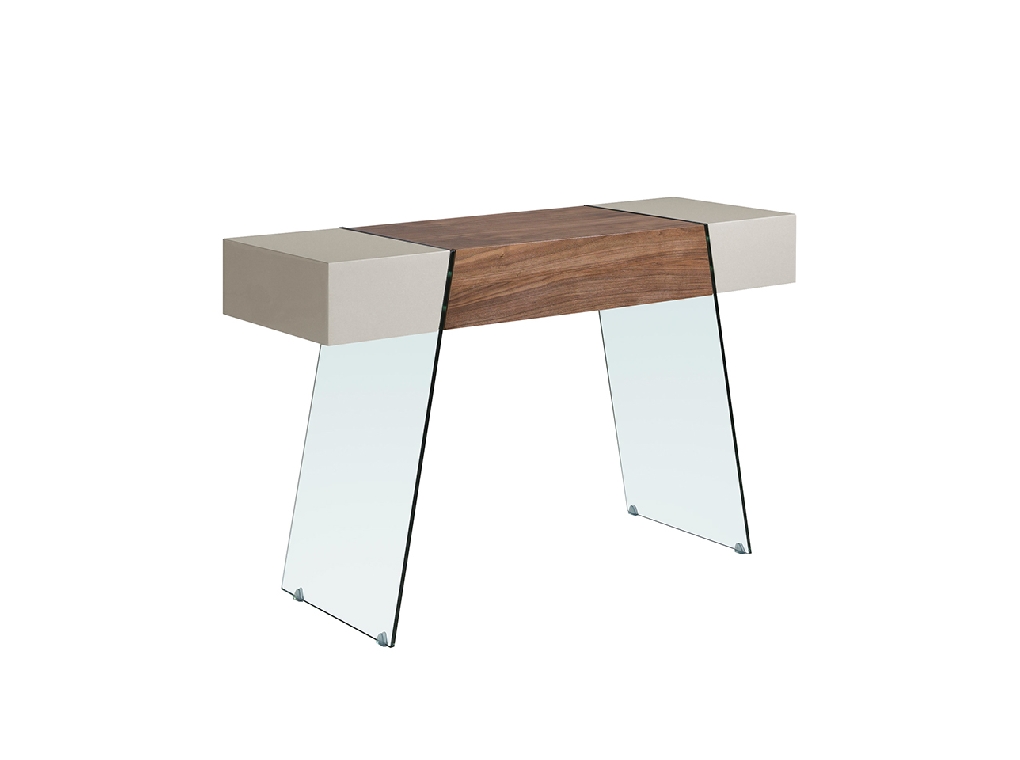 Walnut wood console and tempered glass