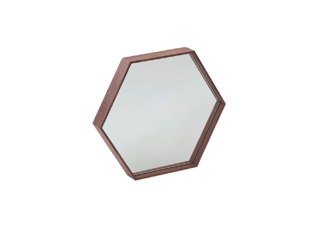 Walnut wood frame hexagonal mirror