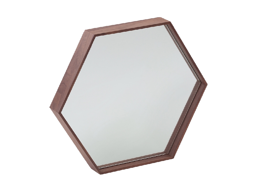 Walnut wood frame hexagonal mirror