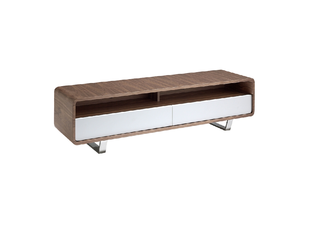 Walnut wood TV cabinet with white drawers and chrome steel