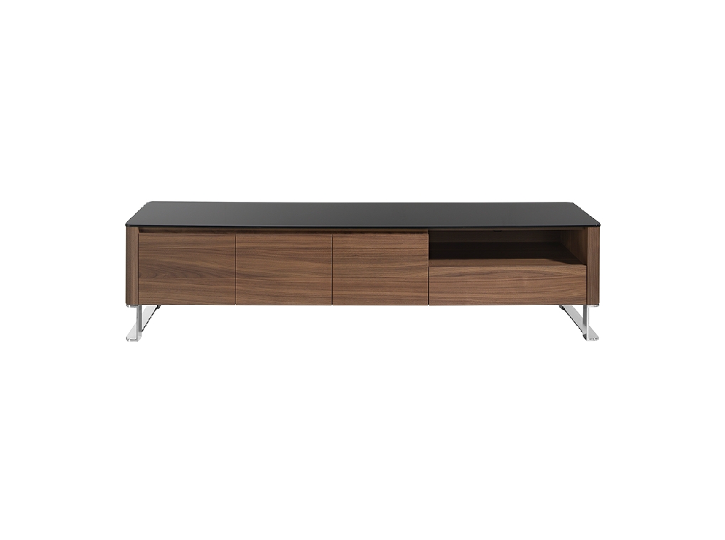 Walnut wood TV cabinet and black tempered glass top