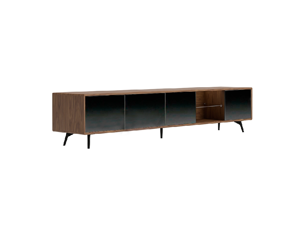 Mueble TV de madera Nogal y puertas cristal negro espejo