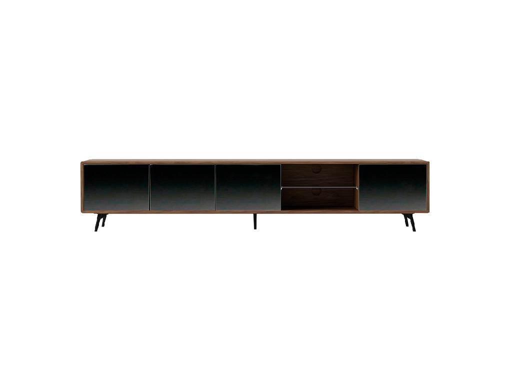 Mueble TV de madera Nogal y puertas cristal negro espejo