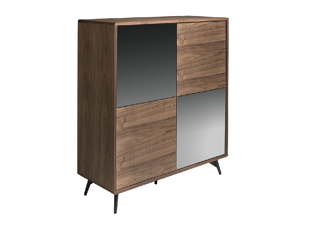 Credenza in legno di noce e ante in vetro nero a specchio