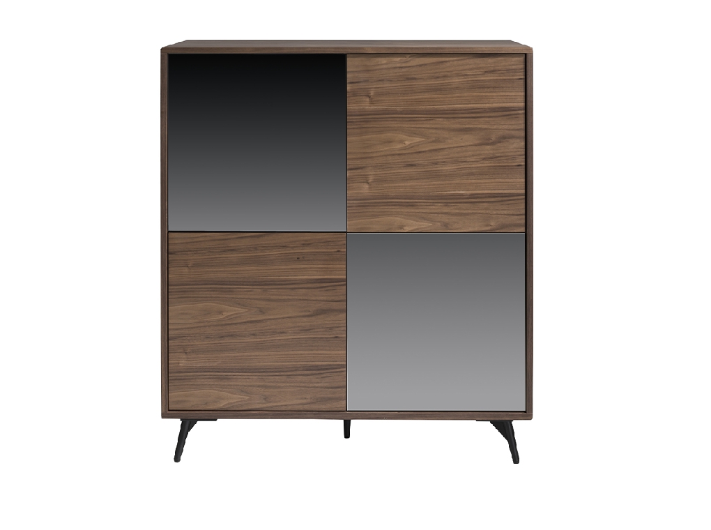 Credenza in legno di noce e ante in vetro nero a specchio