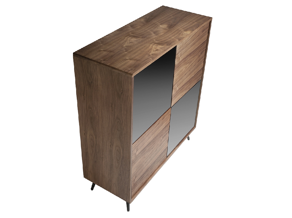 Credenza in legno di noce e ante in vetro nero a specchio