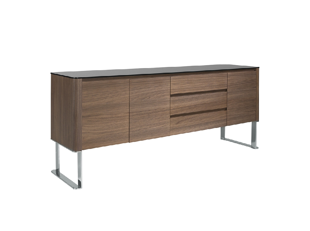 Sideboard aus Walnussholz und schwarze Platte aus gehärtetem Glas