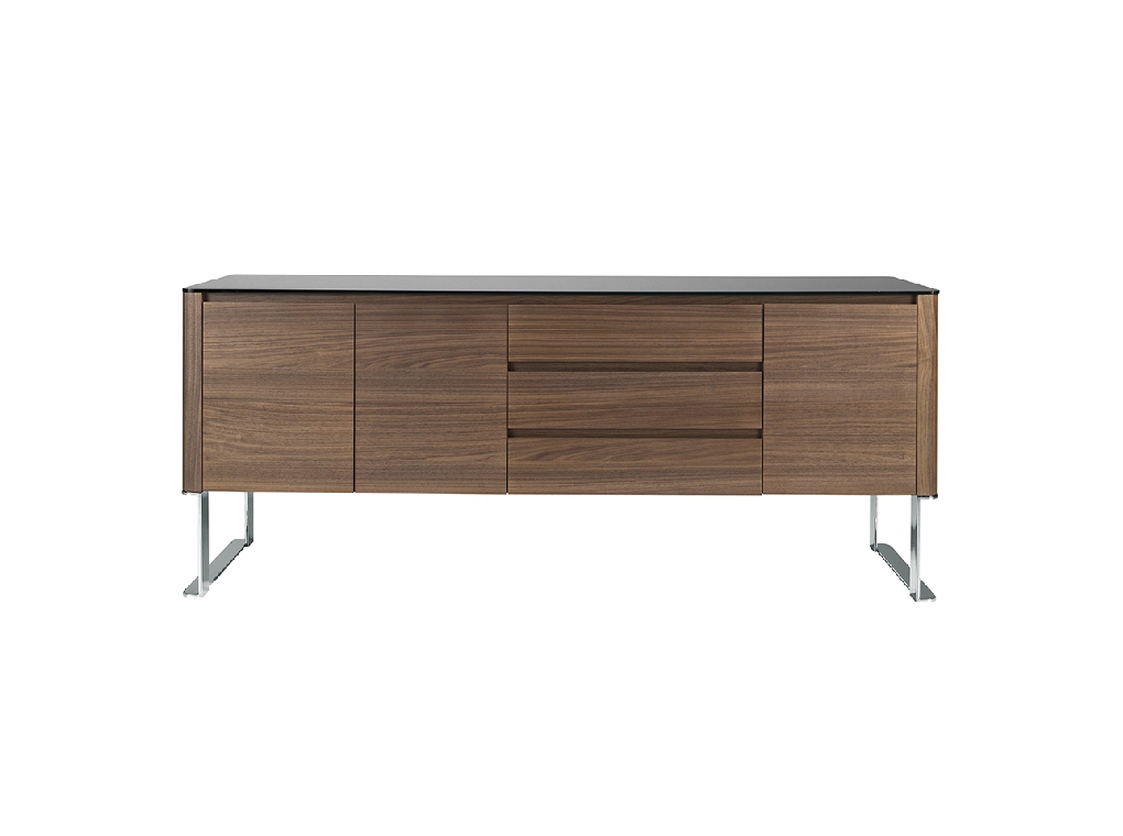 Sideboard aus Walnussholz und schwarze Platte aus gehärtetem Glas