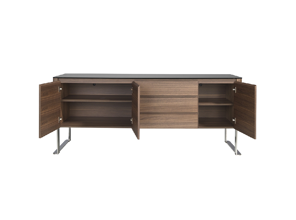 Credenza in legno di noce e piano in vetro temperato nero