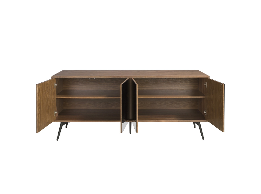 Sideboard aus Walnussholz und schwarze Spiegelglastüren