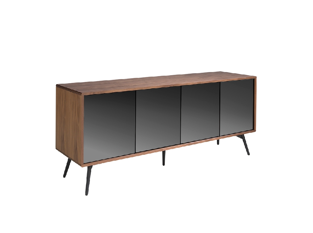 Credenza in legno di noce e ante in vetro nero a specchio