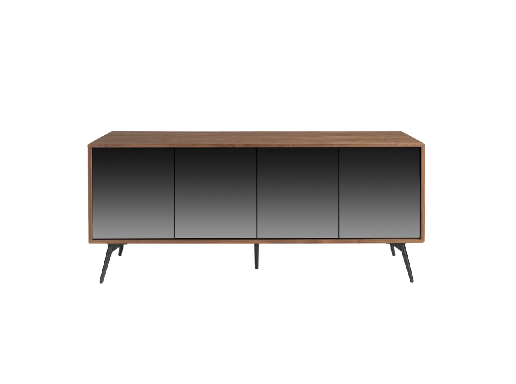 Walnut wood sideboard and black mirror glass doors