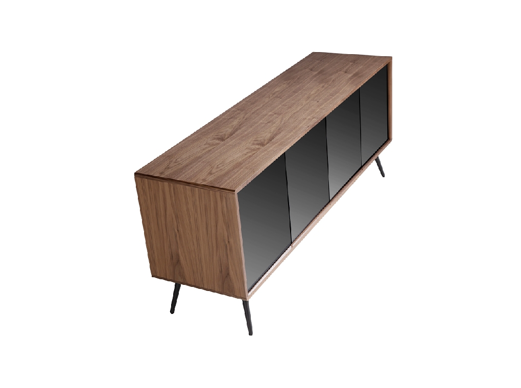 Walnut wood sideboard and black mirror glass doors