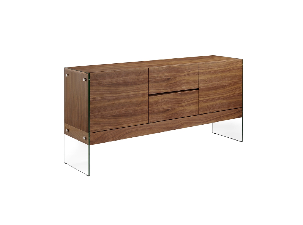 Walnut wood sideboard and tempered glass