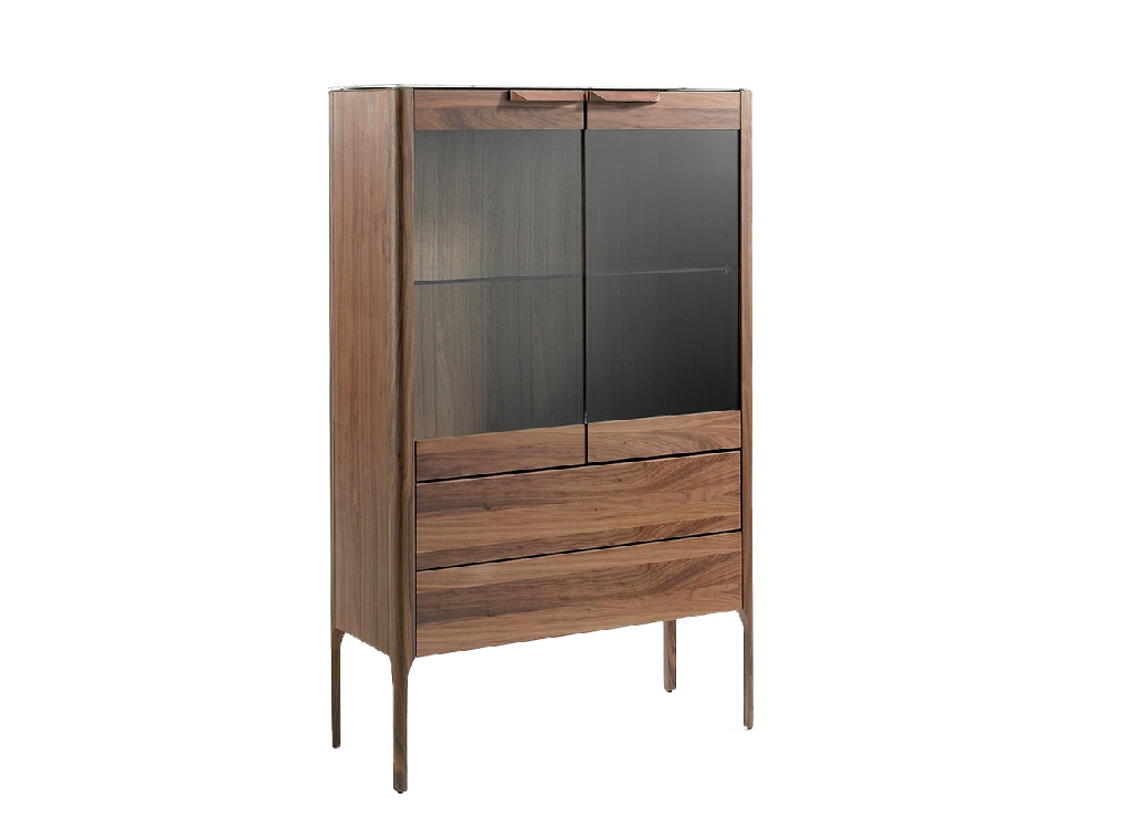 Walnut wood display cabinet and marble-effect fiberglass top