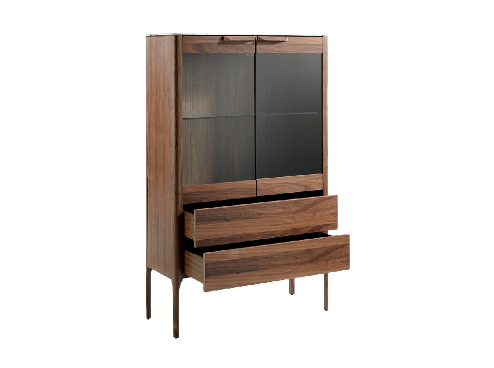 Walnut wood display cabinet and marble-effect fiberglass top