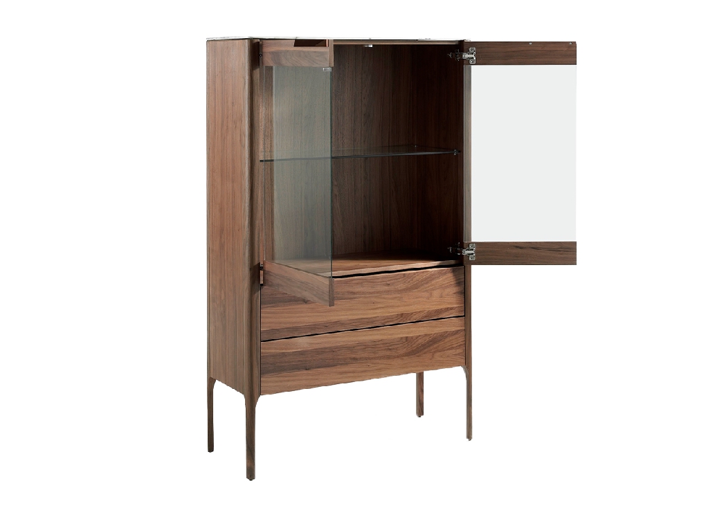 Walnut wood display cabinet and marble-effect fiberglass top