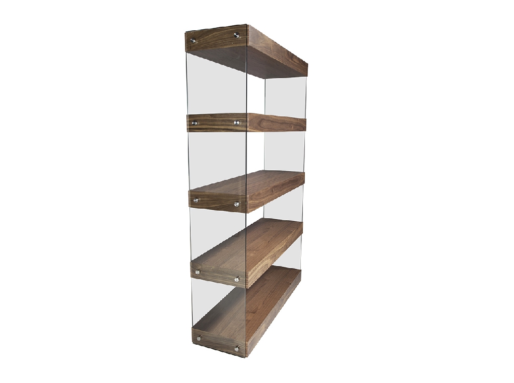 Walnut colored wooden shelf and tempered glass