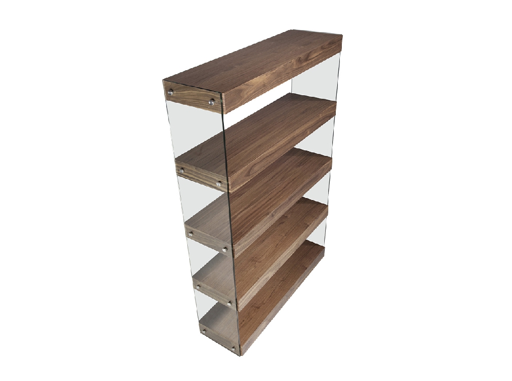 Walnut colored wooden shelf and tempered glass