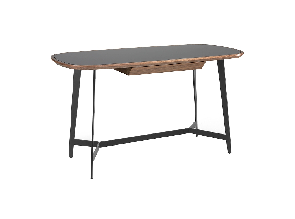 Walnut wood office desk and black stained glass Walnut wood office desk and black stained glass