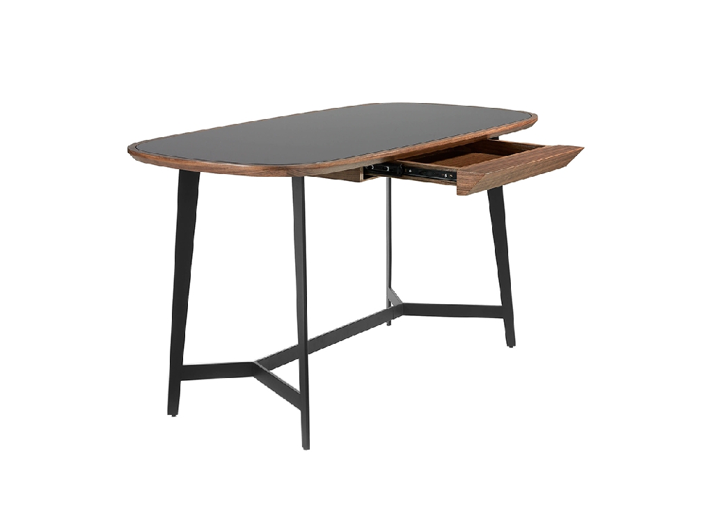 Schreibtisch aus Walnussholz und schwarzes Buntglas