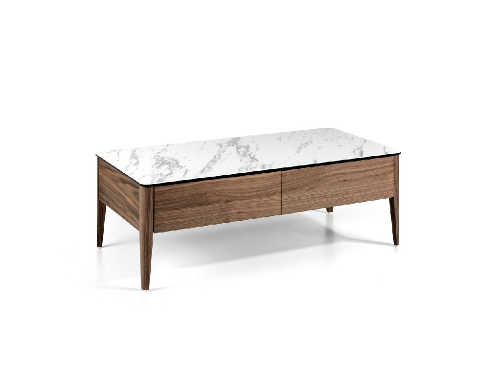 Porcelain and Walnut wood coffee table with drawers Porcelain and Walnut wood coffee table with drawers