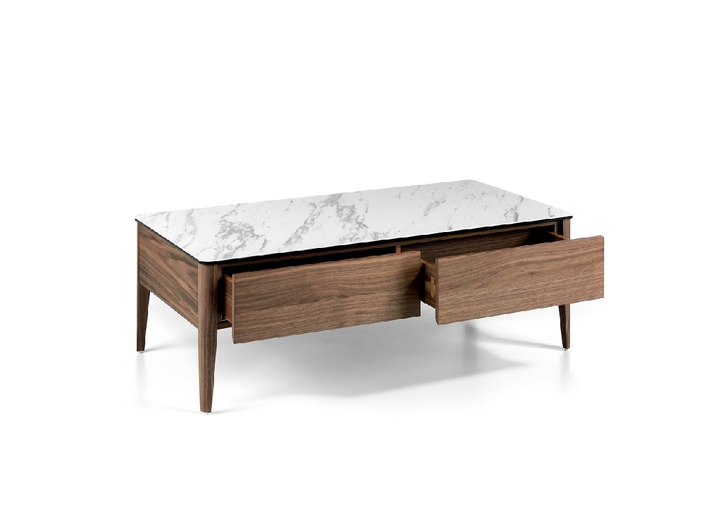 Porcelain and Walnut wood coffee table with drawers Porcelain and Walnut wood coffee table with drawers