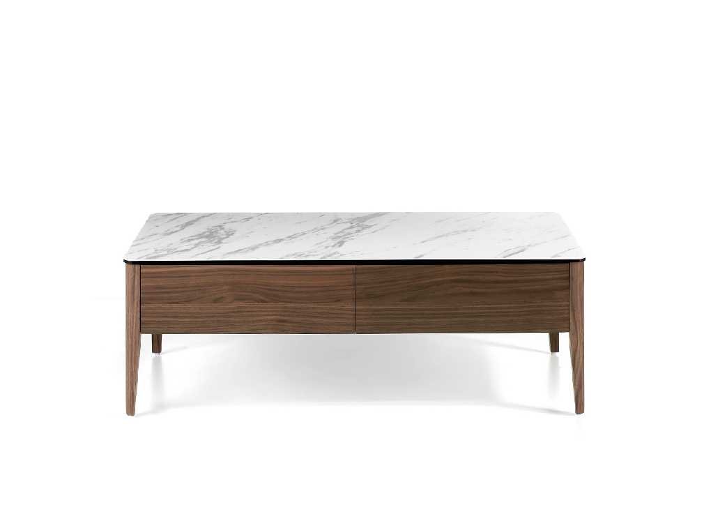 Porcelain and Walnut wood coffee table with drawers