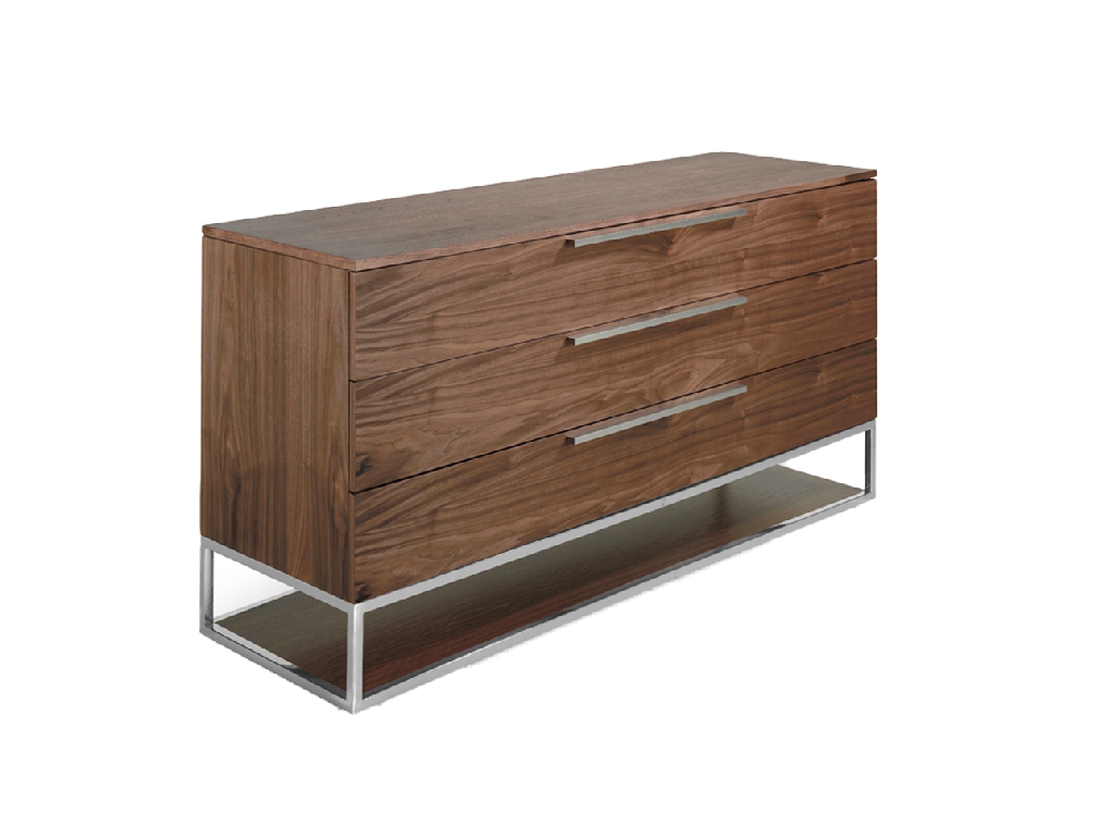 Chest of drawers in walnut wood and chrome-plated steel