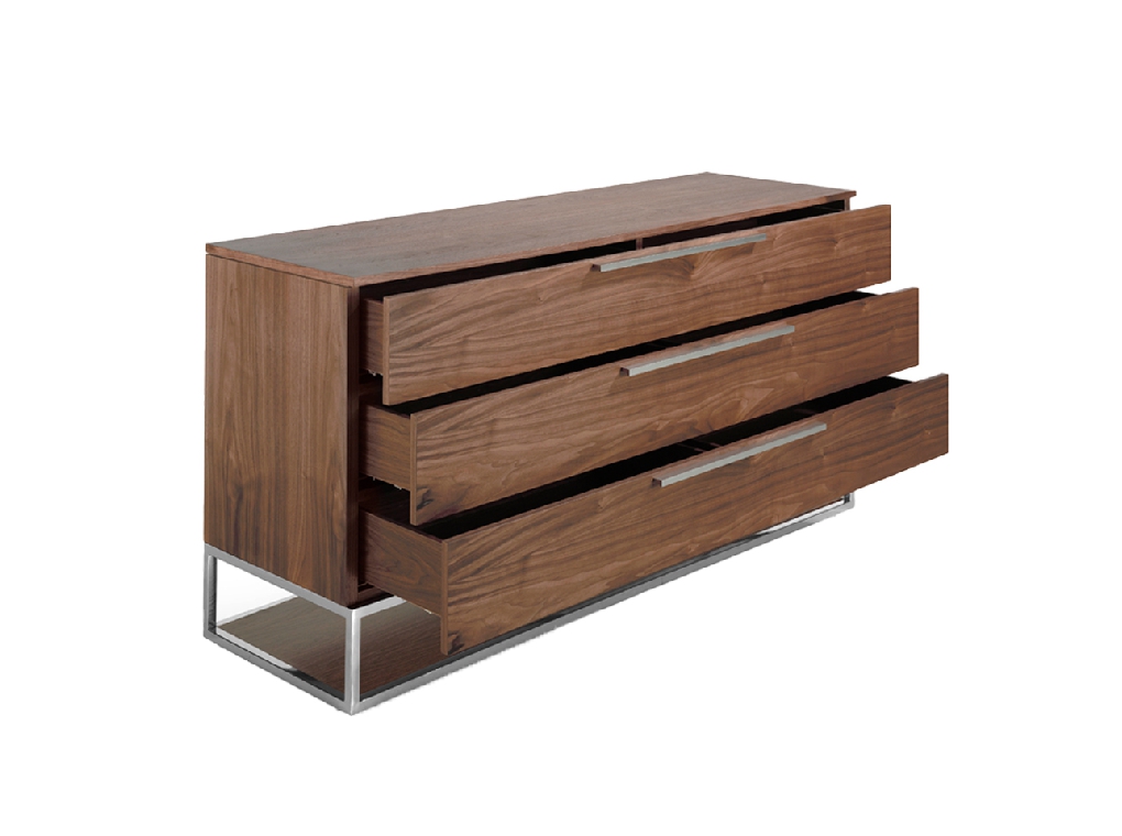 Chest of drawers in walnut wood and chrome-plated steel