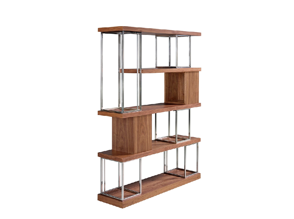 Walnut wood and chrome-plated stainless steel bookshelf