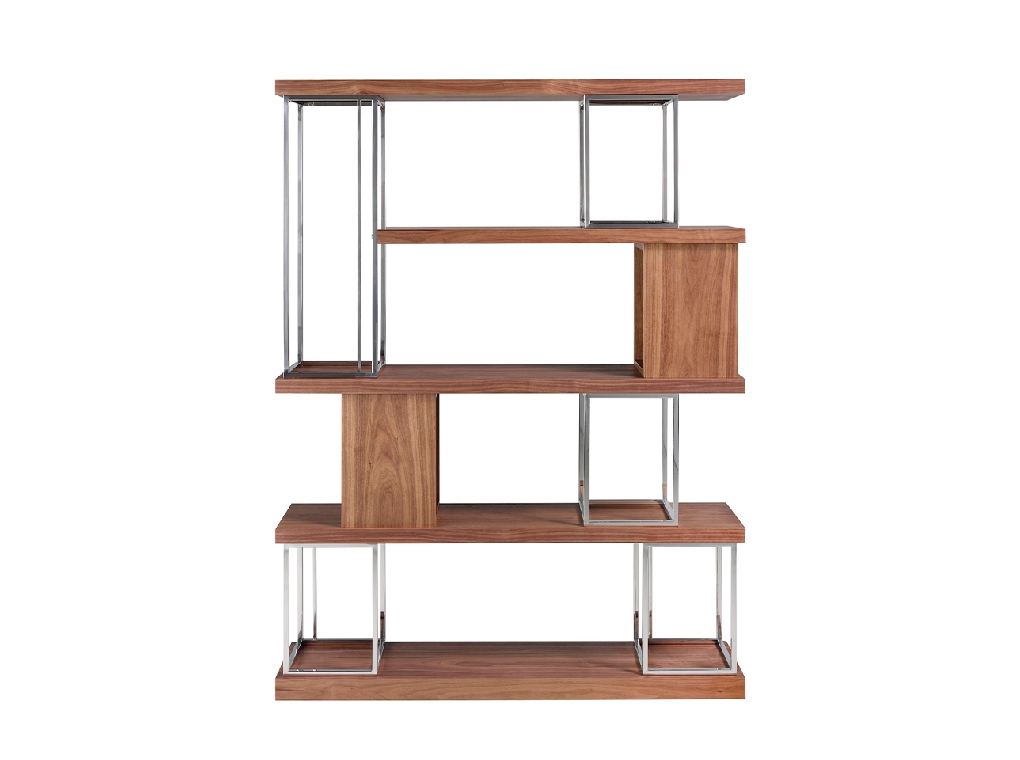 Walnut wood and chrome-plated stainless steel bookshelf