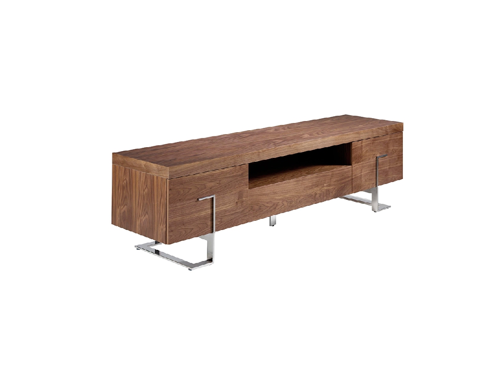 TV stand in walnut wood and chrome-plated steel