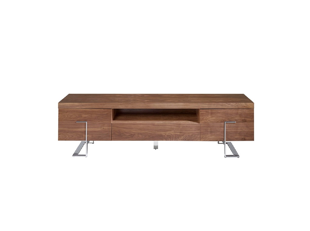 TV stand in walnut wood and chrome-plated steel