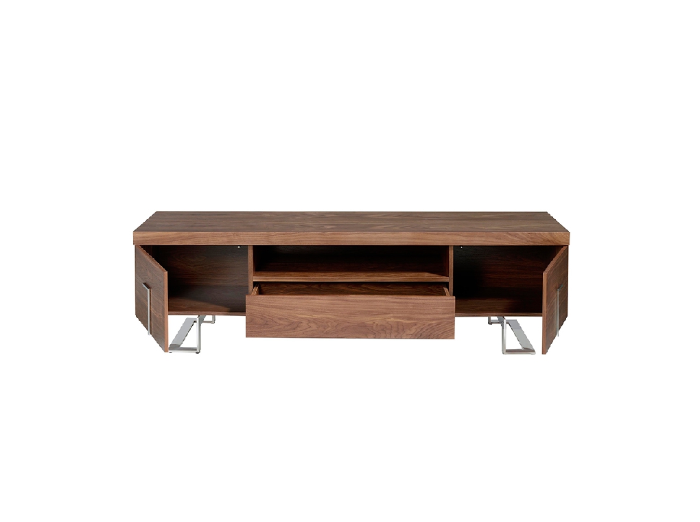 TV stand in walnut wood and chrome-plated steel