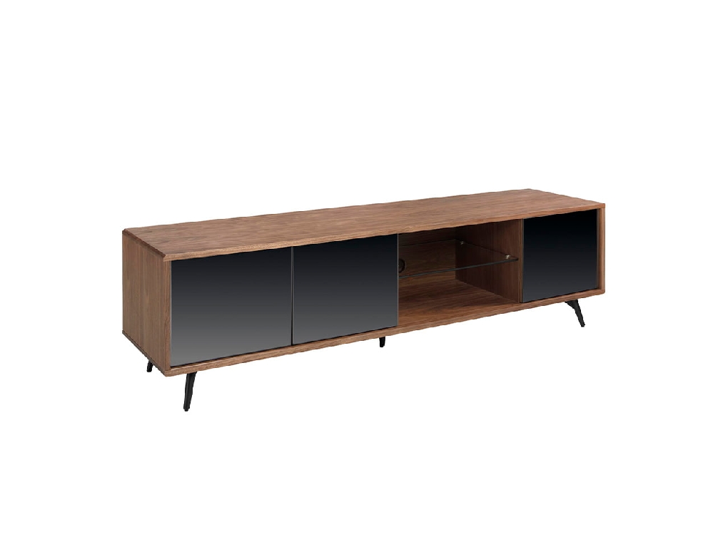 Walnut wood TV cabinet with black mirrored glass doors