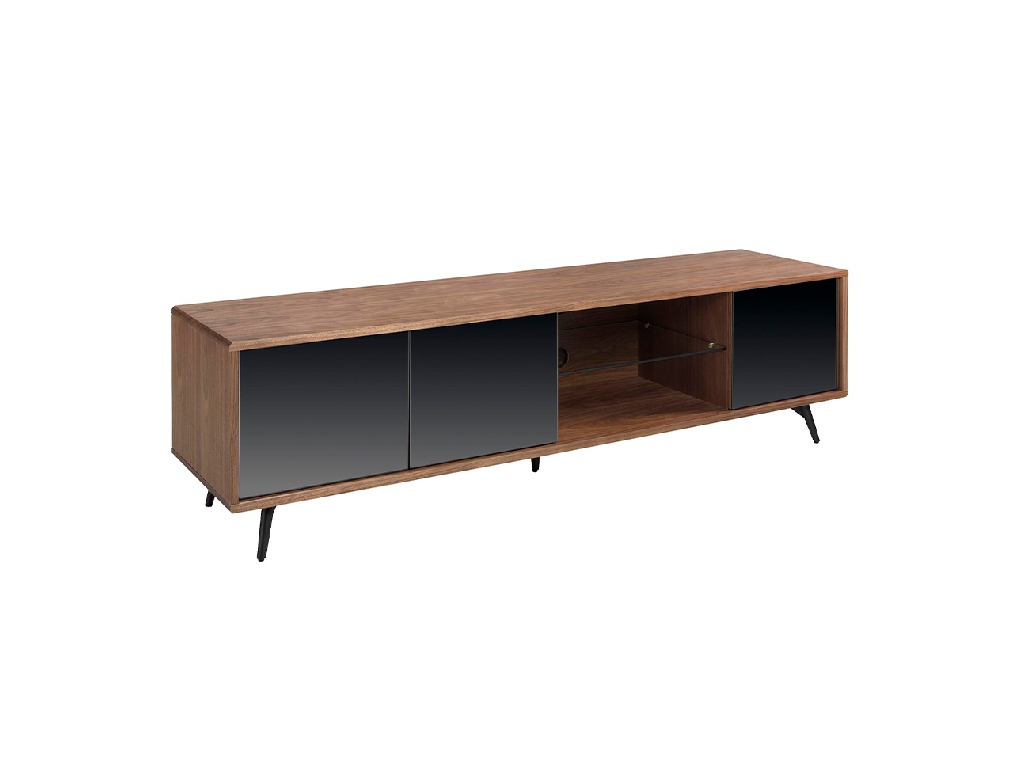 Walnut wood TV cabinet with black mirrored glass doors