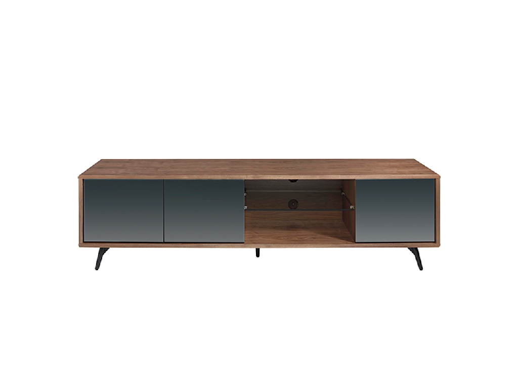 Mueble TV de madera Nogal y puertas cristal negro espejo