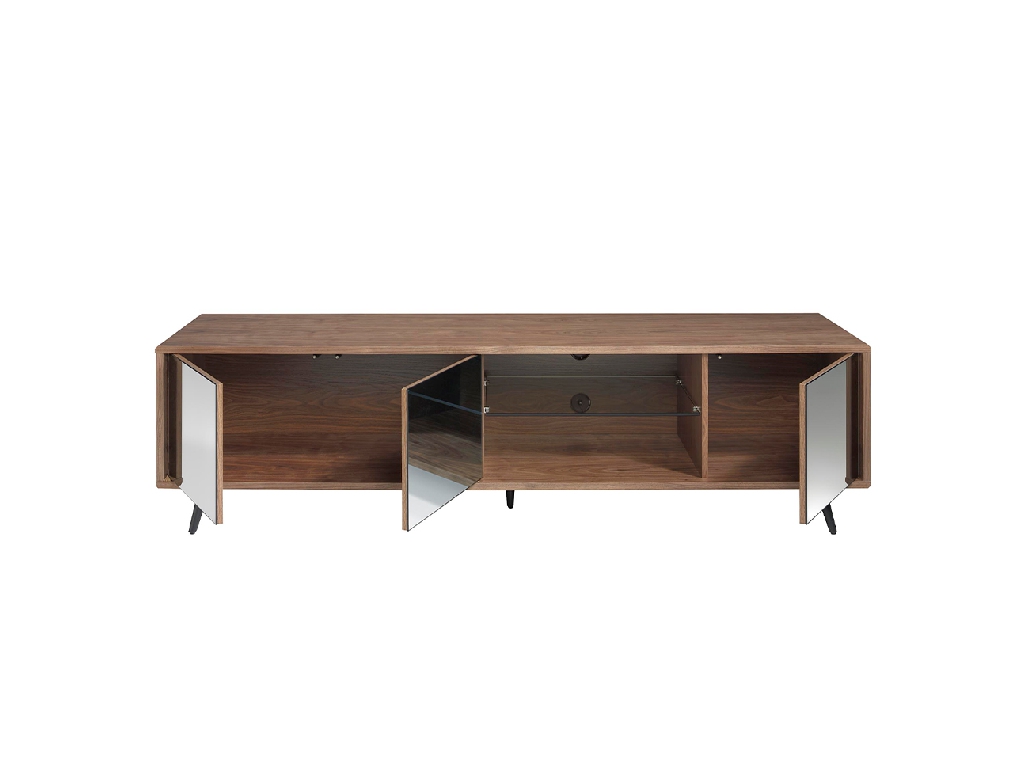 Mueble TV de madera Nogal y puertas cristal negro espejo