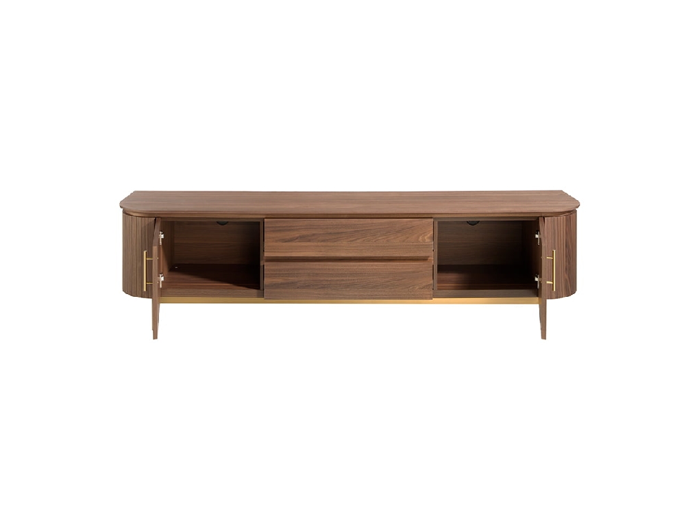 TV stand in walnut wood and golden stainless steel