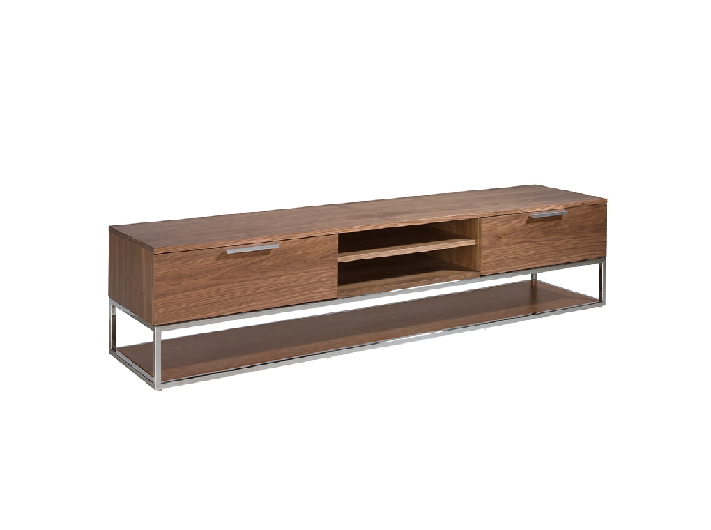 TV stand in walnut wood and chrome-plated steel