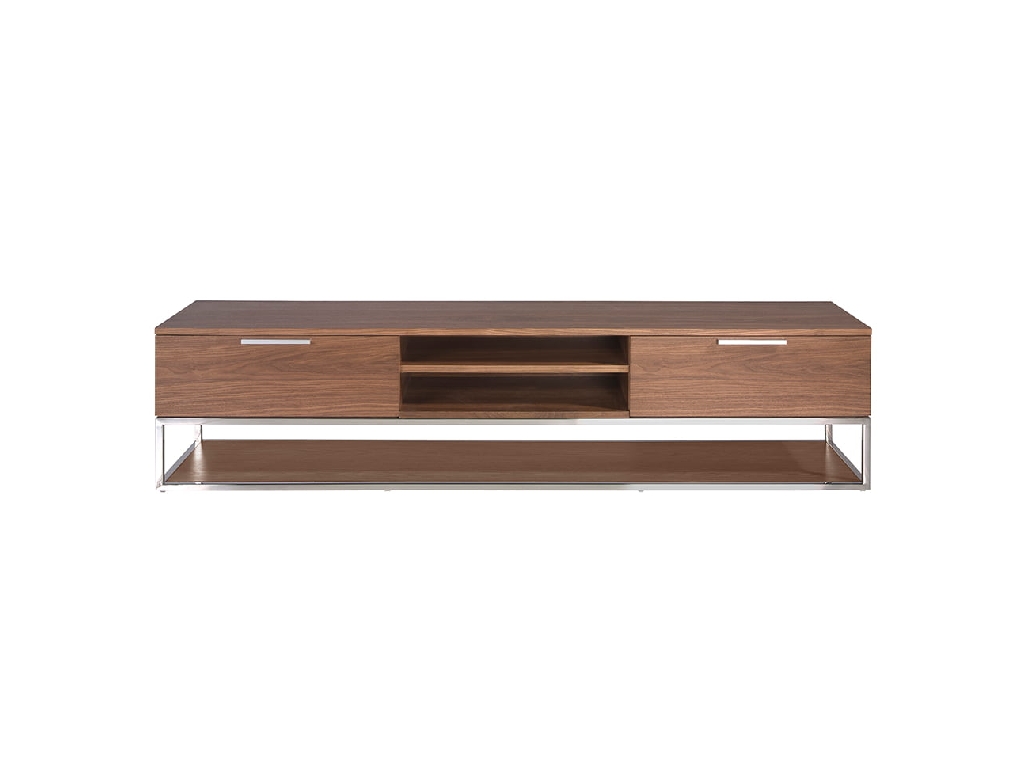 TV stand in walnut wood and chrome-plated steel