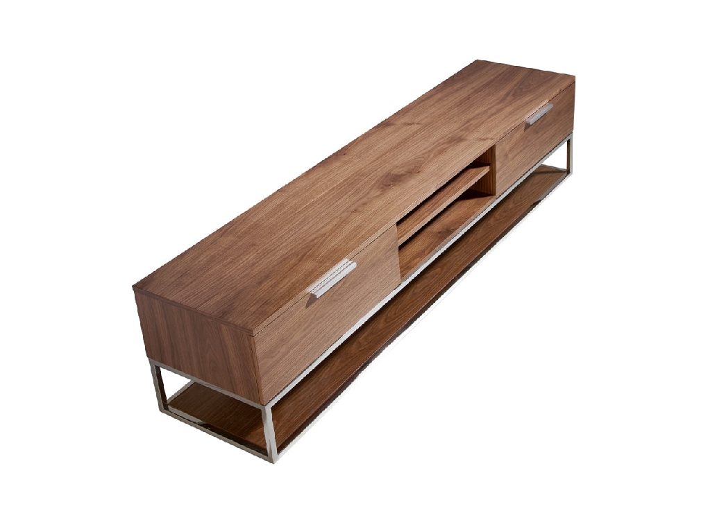 TV stand in walnut wood and chrome-plated steel